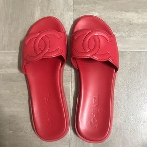 Chanel Red Patent Slides